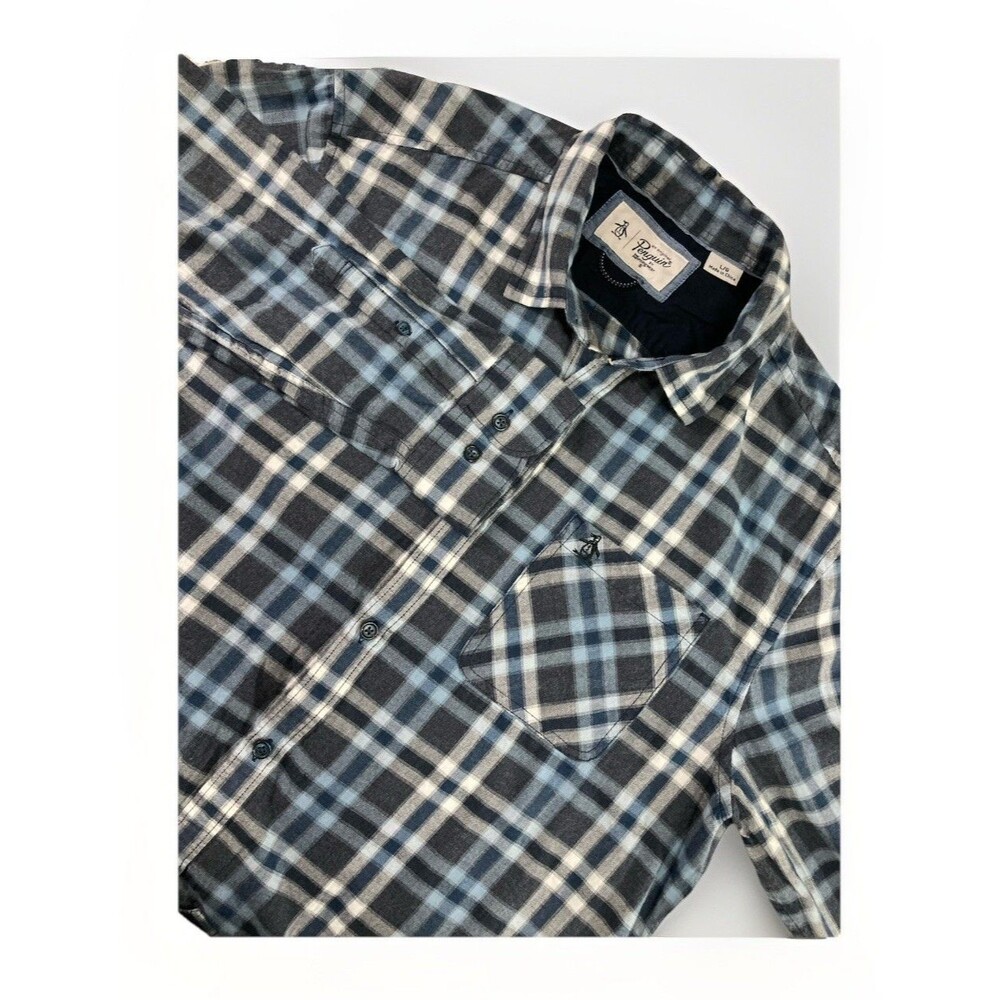 Original Penguin Shirt Men’s L Blue Plaid Long Sleeve Button Down Pocket Casual
